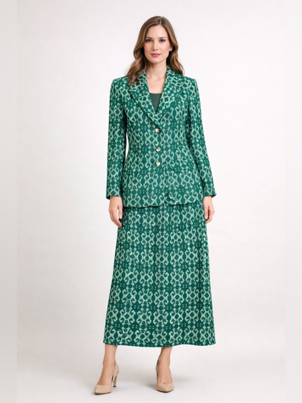 Vintage tweed like green geometric jacket skirt suit set est S statement mod